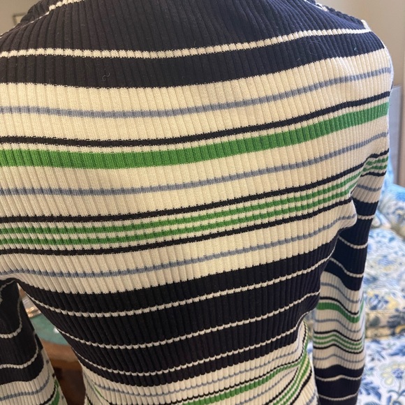 Tory Burch Navy, Green& White striped ribbed 1/4 Zip Top with 3/4 Sleeves Medium - Picture 7 of 8